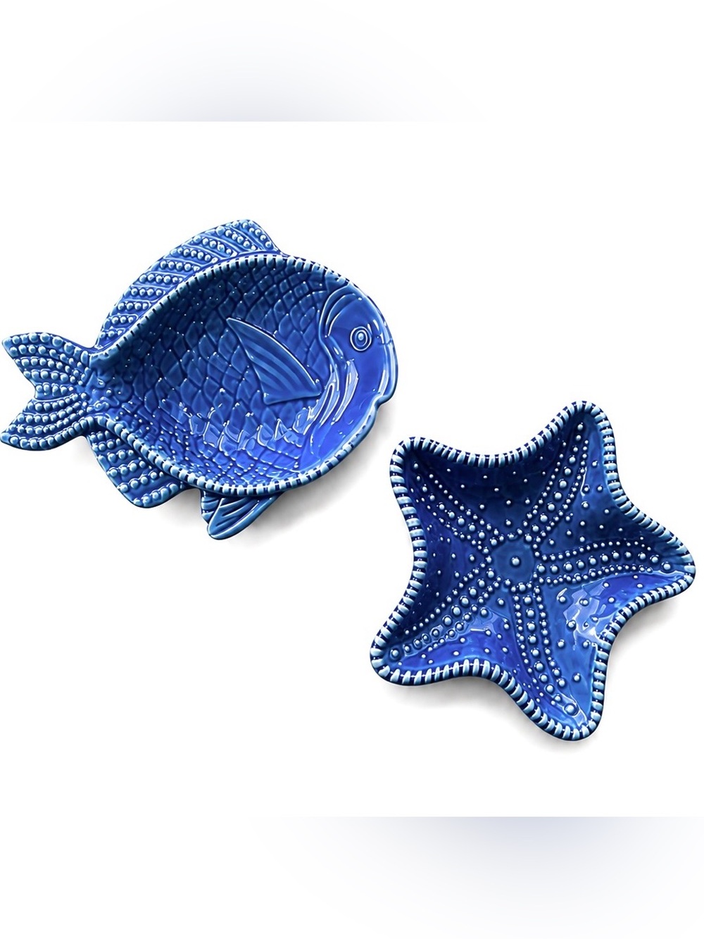 Blue Ceramic Fish and Starfish Accent Trays - Coastal Home Decor